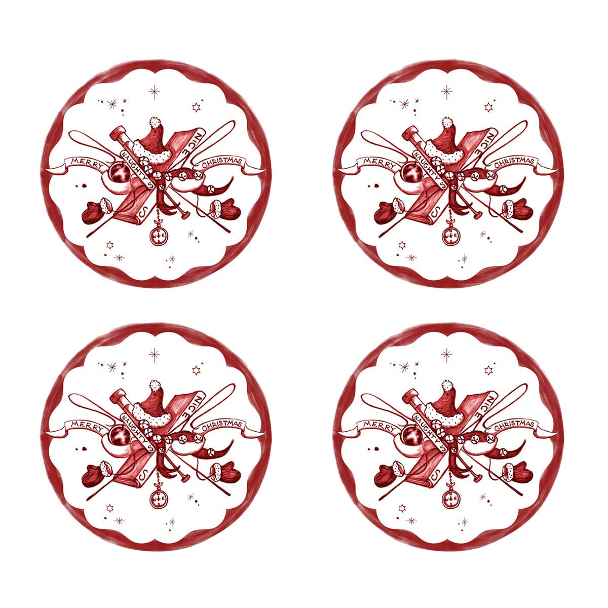Tis the season for all the trimmings and this delightful set of coasters brings holiday happiness to your happy hour cheers! Featuring a festive crest taken from our Country Estate Winter Frolic collection by artist Deborah Sears, and done in ruby-red and snowy-white, these pair with your fireside tipples and craft cocktails.