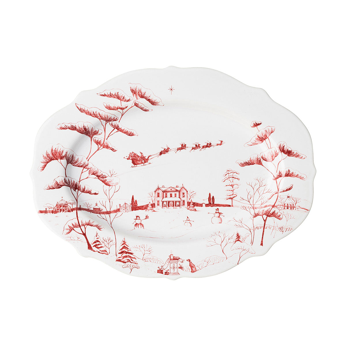 Country Estates Winter Frolic Ruby Serving Platter Christmas Eve offers a happy Christmas scene at the Main House in winter. Children will look with awe as Santa and the Reindeer fly over the wintery scene complete with snowmen.
