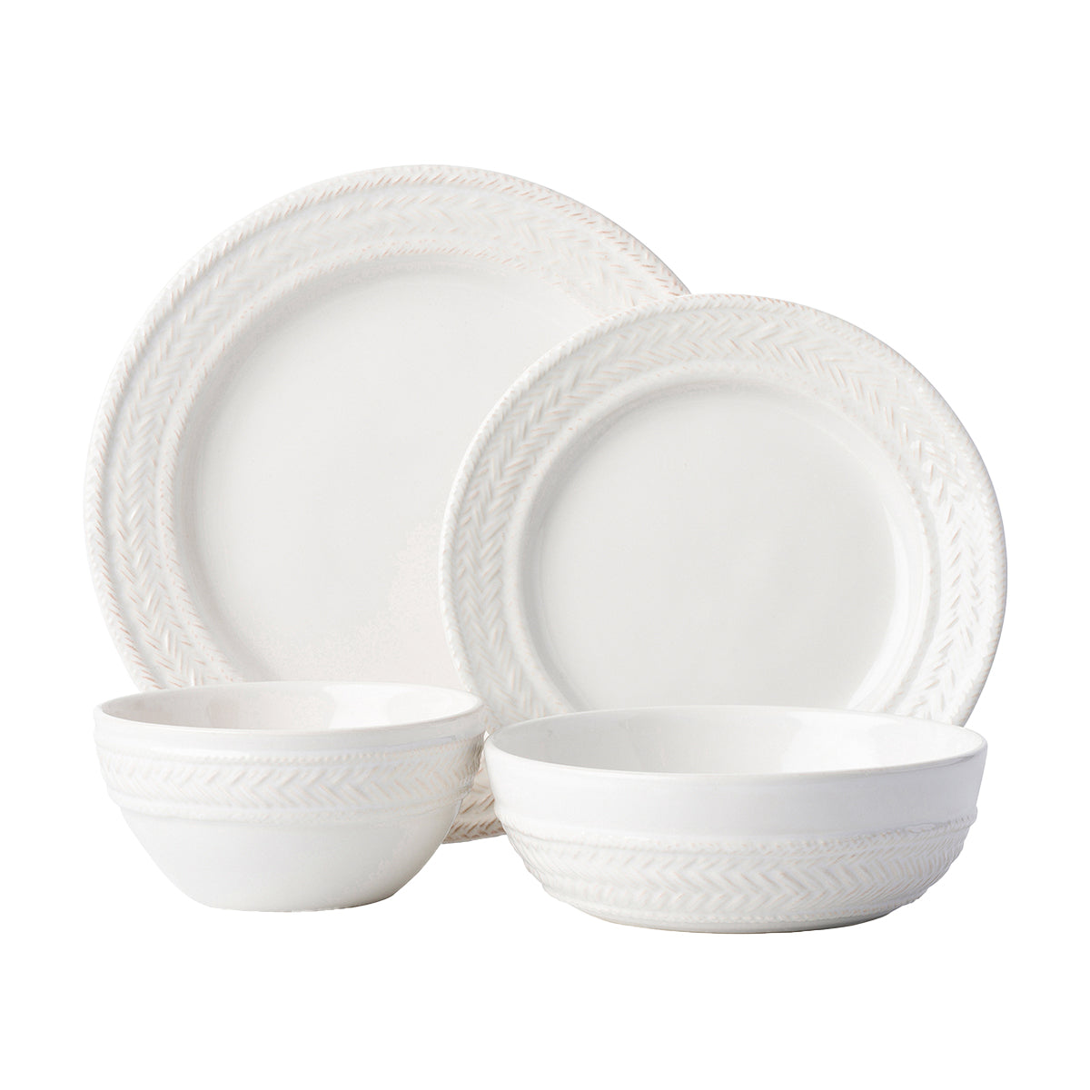 This sophisticated 4 piece place setting in whitewash was inspired by the French basket weave often found in equestrian and nautical traditions. Contains a dinner plate, dessert/salad plate, cereal/ice cream bowl and coupe pasta/soup bowl.
