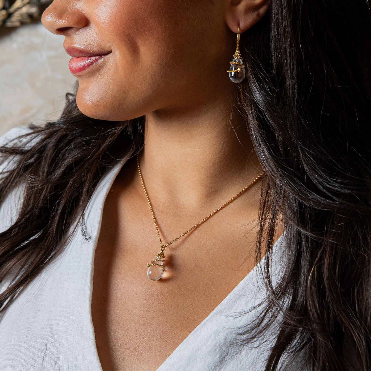 Lily Charm Necklace, 16"+2" - Clear Quartz, alternate angle