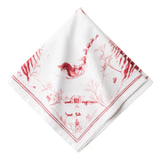 Country Estates Winter Frolic Ruby Napkin offers a happy Christmas scene as Santa flies over a winter backdrop with a sleigh full of presents. This will become a piece your family looks forward to using every Christmas season. Makes a wonderful gift for your Christmas hostess. Made of 100% cotton.