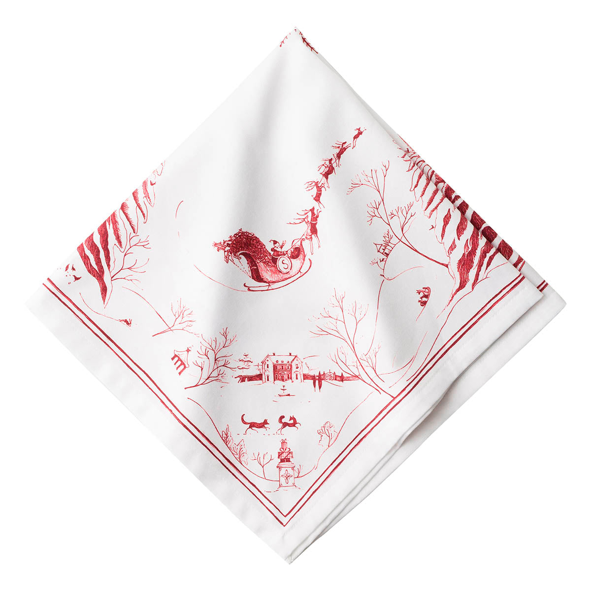 Country Estates Winter Frolic Ruby Napkin offers a happy Christmas scene as Santa flies over a winter backdrop with a sleigh full of presents. This will become a piece your family looks forward to using every Christmas season. Makes a wonderful gift for your Christmas hostess. Made of 100% cotton.