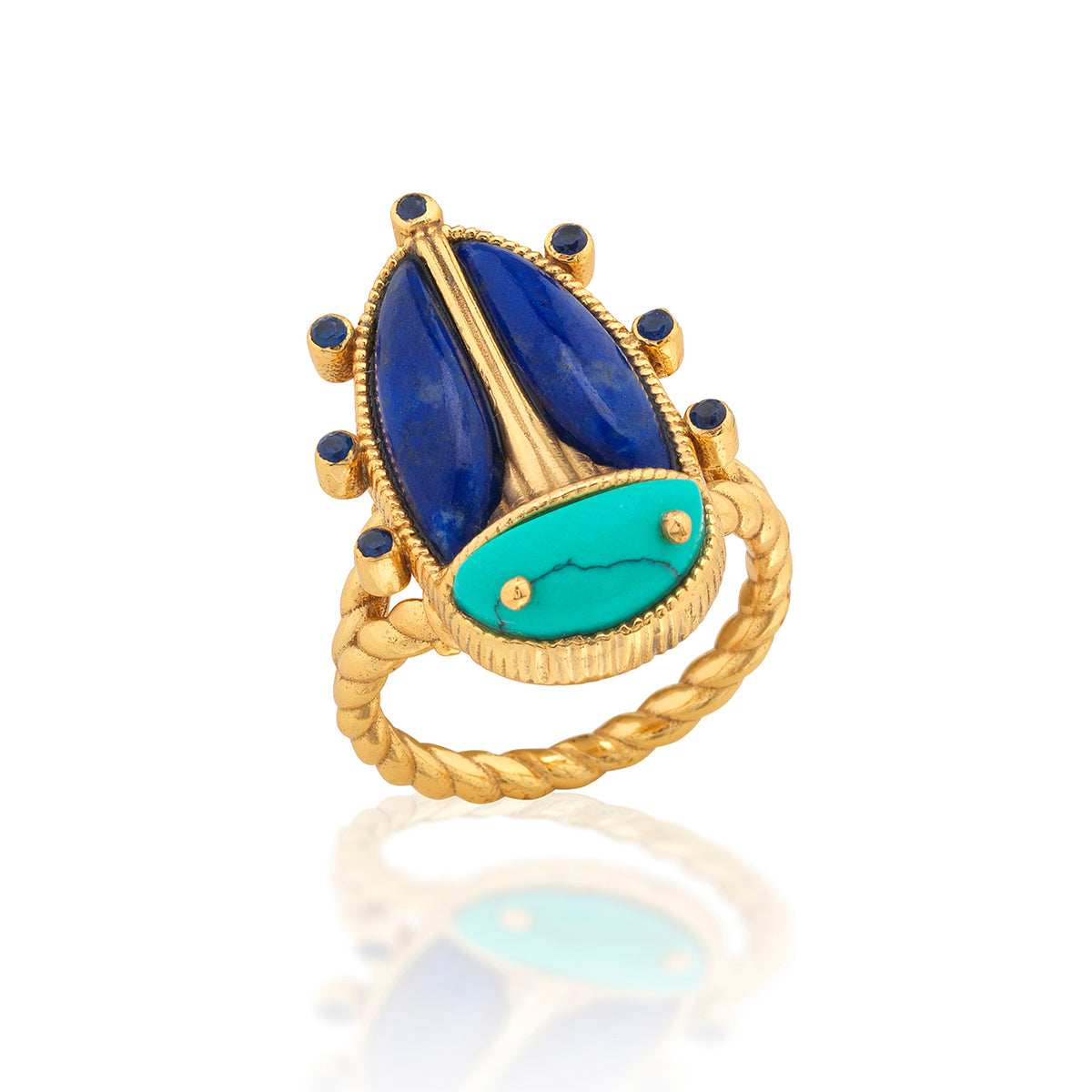 This colorful character is an empowering talisman of resilience to carry with you every day. Our version of an ancient Egyptian amulet, this sacred scarab features polished lapis wings with a turquoise head and tiny feet atop a gold ring band.