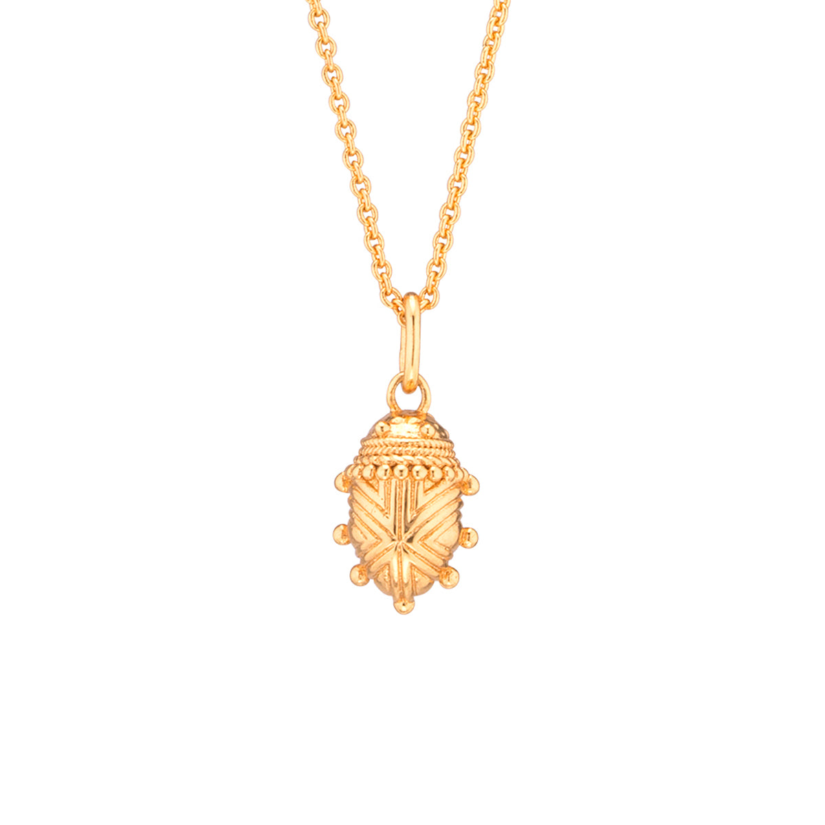 A gold pendant necklace featuring a detailed, textured beetle or bug charm, suspended from a delicate gold chain against a plain white background.