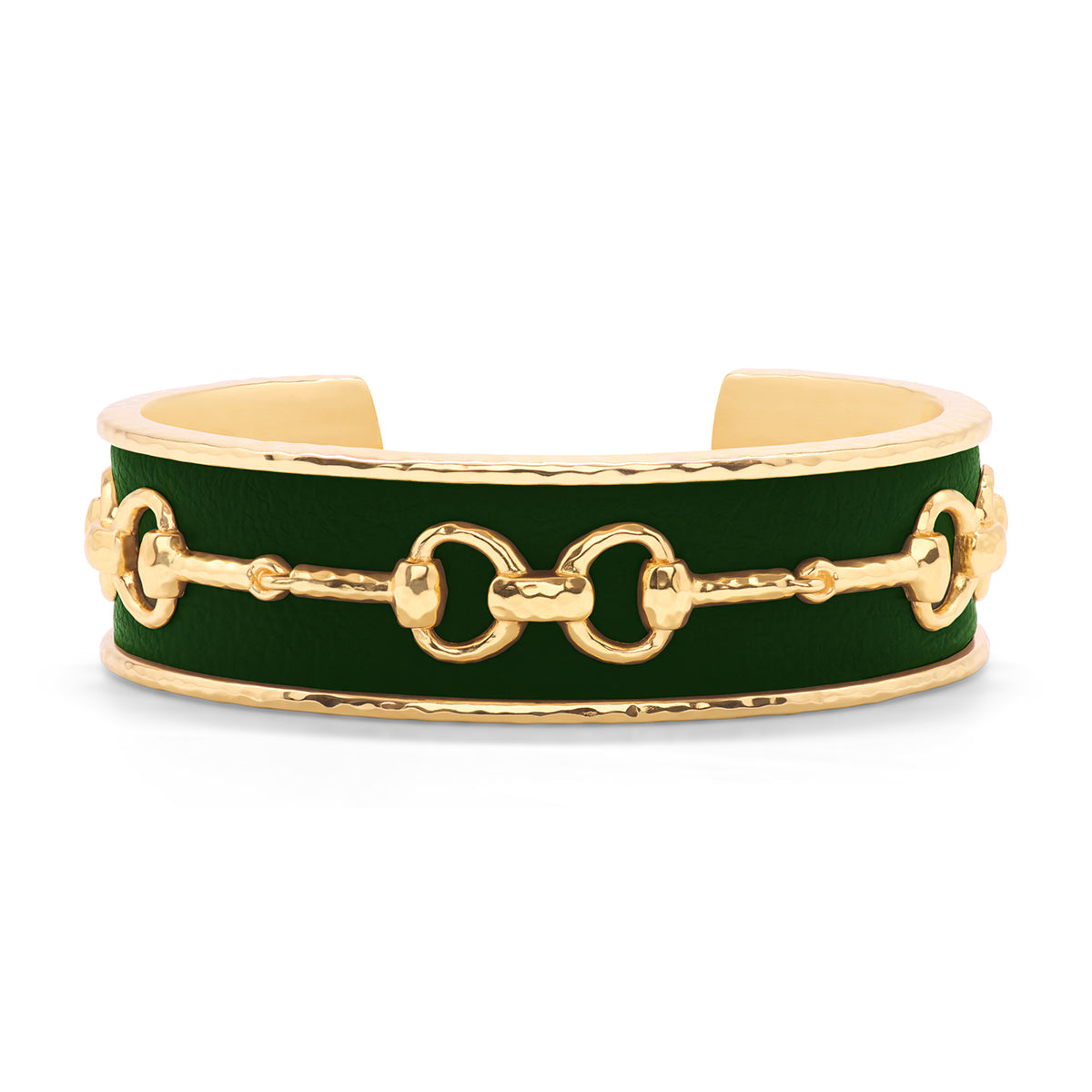 Richly hued and textural in forest green faux leather for layering into bracelet stacks or to stand alone, featuring our golden Snaffle Bit motif to represent the majesty of horses, unbound freedom and unbridled joy to carry with you, wherever you may roam.