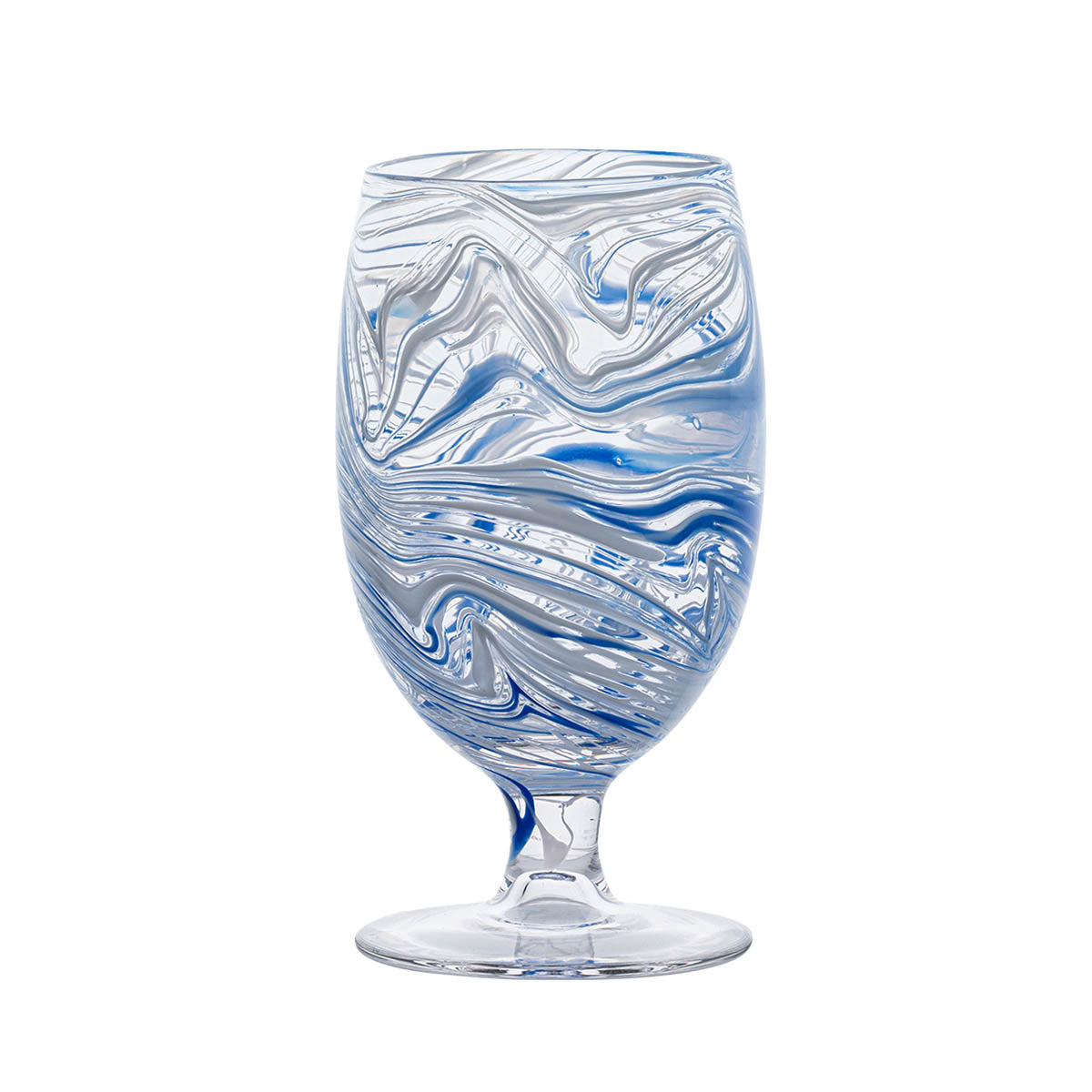 Like swirling water and the decorative pages of Florentine leather-bound books, this marbled goblet adds an eclectic splash to your everyday table with its captivating motif in soft seaglass hues of white, blue, and green for a joyful pop of color. These chic vessels are perfect for your morning juice and add a super stylish layer to place settings - the abstract pattern mixes beautifully with everything.