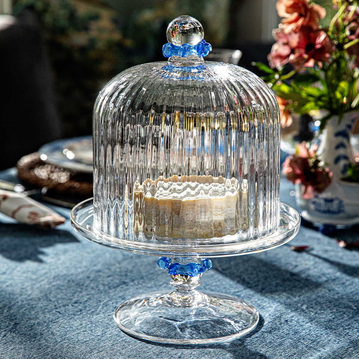 Nell Ruffle Petite Cake Dome & Stand Set - Chambray - close-up detail