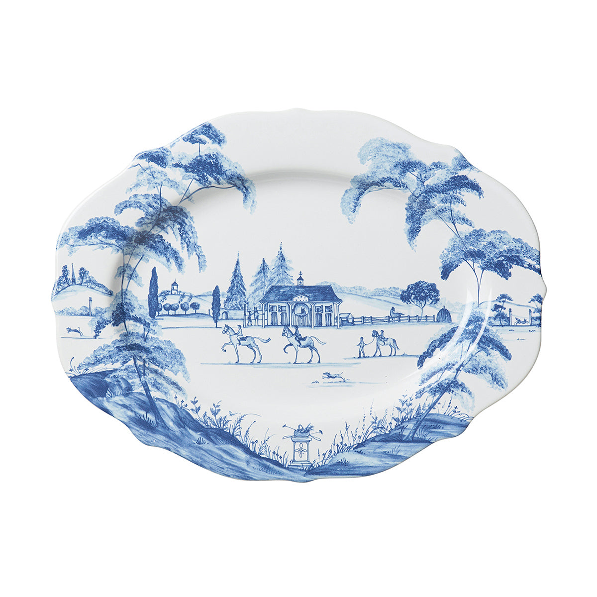 15 inch white platter with a blue design of equestrians on a country estate painted on it.