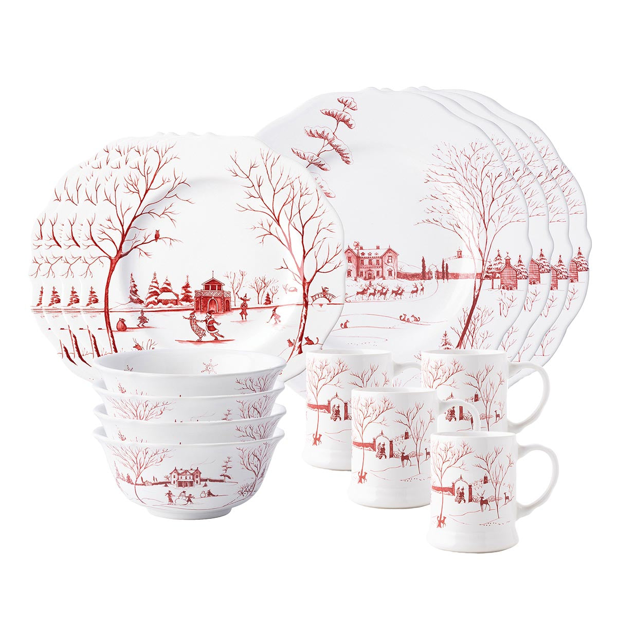 All that's merry and bright sparkles from the festive winter scenes of our Country Estate Ruby collection. Our 16 piece setting in contains 4 dinner plates, 4 dessert/salad plates, 4 cereal/ice cream bowls, and 4 mugs.