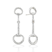 A pair of sterling silver horse bit drop earrings with a hammered finish, shown on a clean white background with subtle reflections below.