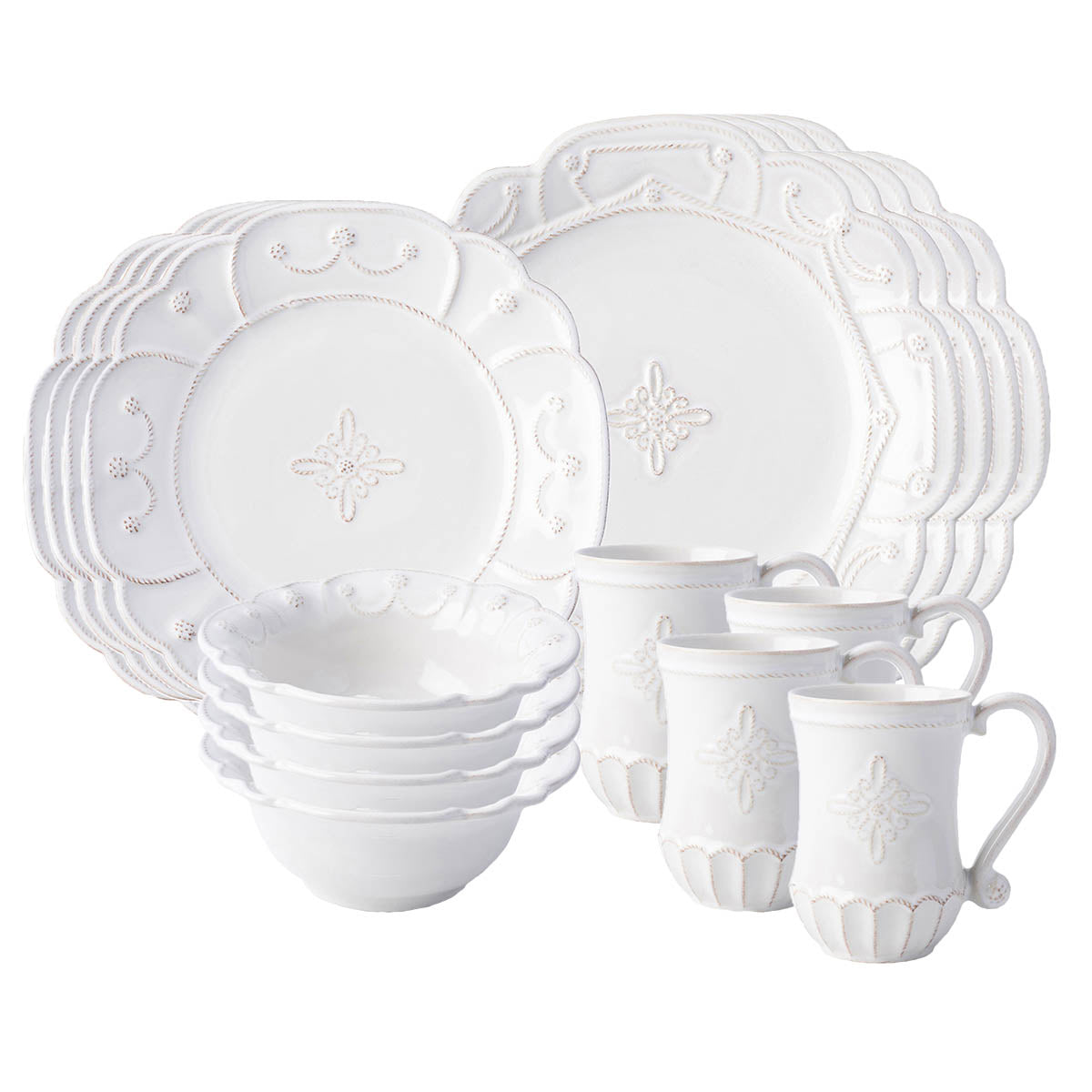 From our Jardins du Monde Collection - Nobly trimmed and hedged with elements of classical symmetry from our four enchanting gardens, this unifying plate adds a dash of elegant grandeur to any table. Our 16 piece setting includes: 4 dinner plates, 4 dessert/salad plates, 4 cereal/ice cream bowls, and 4 mugs.