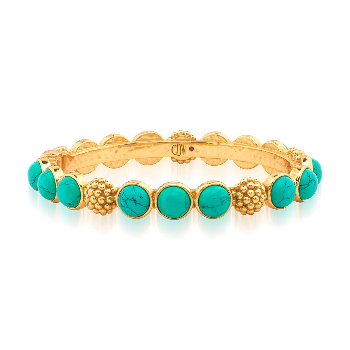 Trios of delectable, polished turquoise gem-drops are united by a sprinkling of golden berries to create this regal bangle that can elevate a pair of jeans or bring the perfect splash of glamour to your lucky business suit. Either way, it’s perfect for queening over your to-do list with exquisite style and grace. Stunning on its own, even better in a stack!