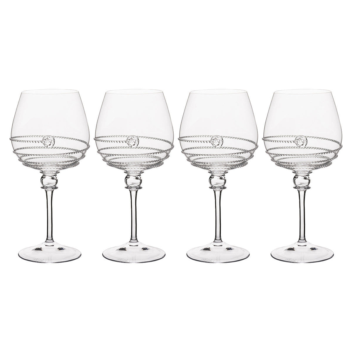 Four fabulous Amalia glasses, festooned with our iconic uplifting swirl and buttoned with a solitary berry upon a statuesque stem, to pair perfectly with hearty reds, vintage treasures, and moments to savor. Packaged in our signature Juliska gift box for an elegant presentation.