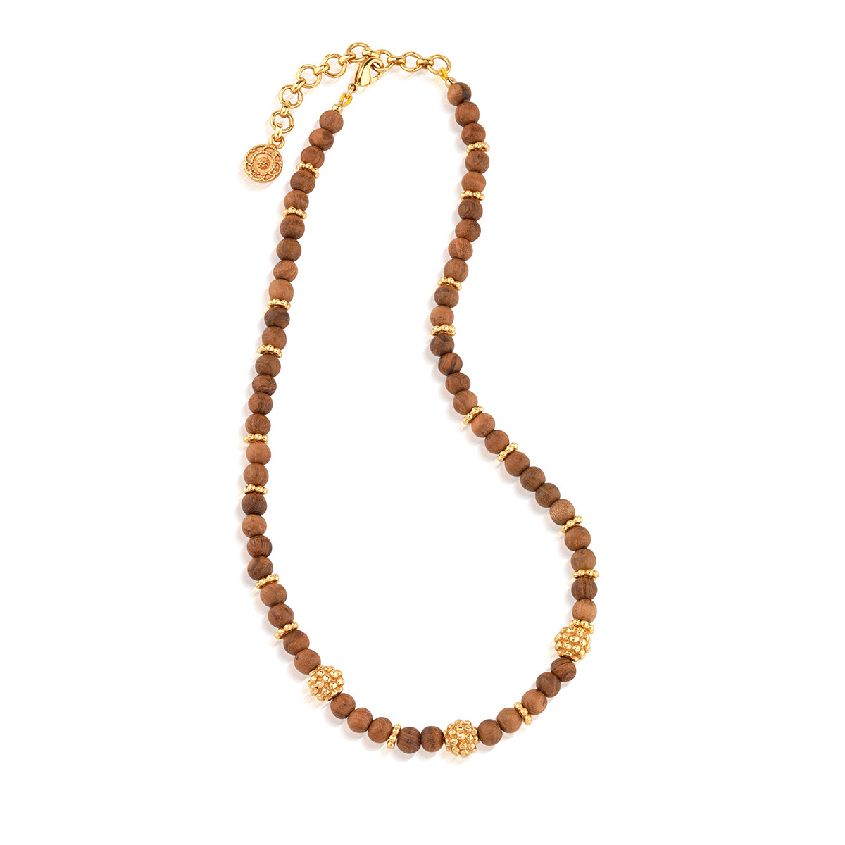 A beaded necklace featuring round brown wooden beads and textured gold spacer beads, displayed on a clean white background.