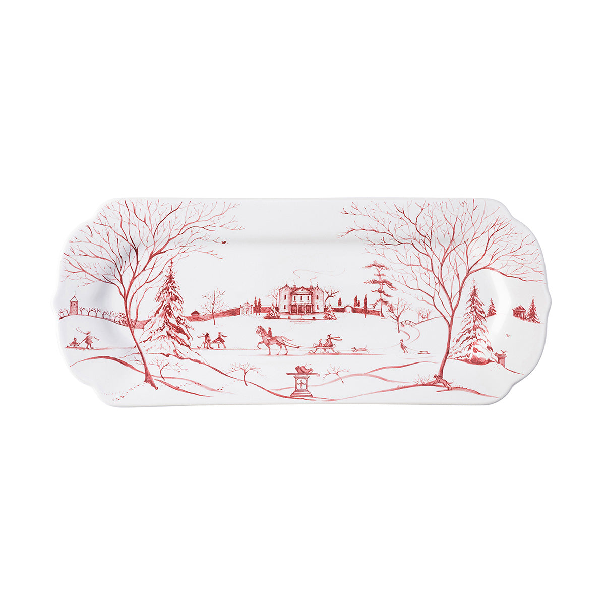 From our Country Estate Collection - From sleigh rides to skating, the scene depicted on our Winter Frolic hostess tray is bustling with wintry activities. Topped with welcoming tendrils of chimney smoke and illustrated in our festive Ruby hue, this Main House serving dish is the consummate gift for the season - or covet for yourself to display appetizers, homemade cookies, and holiday cards. Comes presented in an illustrated box trimmed with a tartan bow and jingle bell for chic and easy gift-giving.