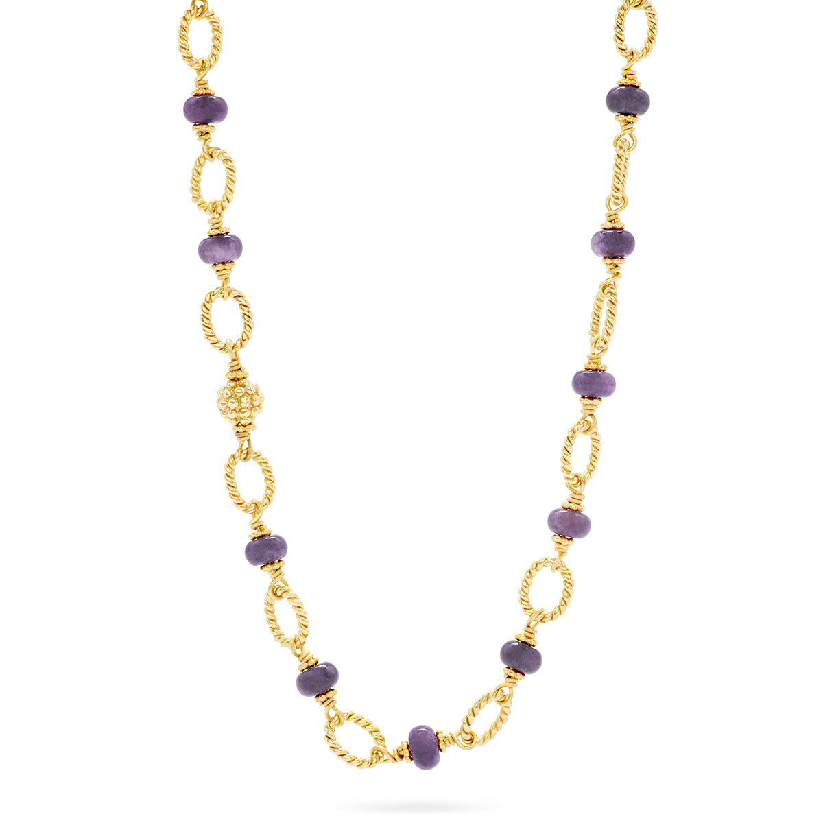 24" chain necklace with gold chains and violet jade.