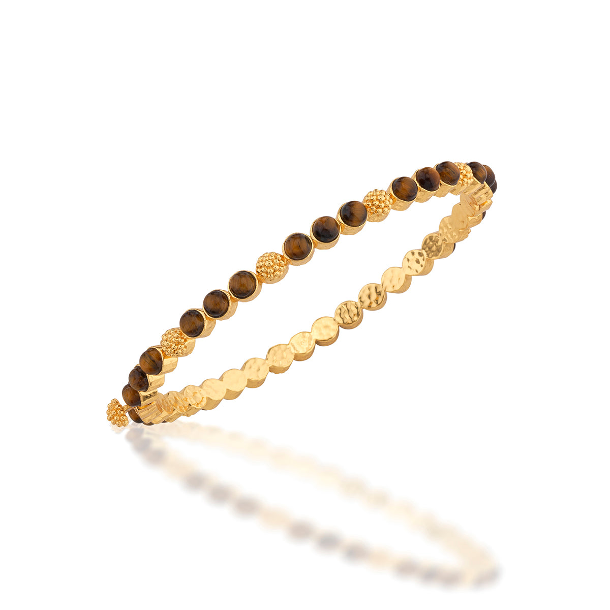 A gold-plated bangle bracelet featuring alternating round brown tiger's eye stones and textured gold beads, displayed on a clean white background with a soft reflection.