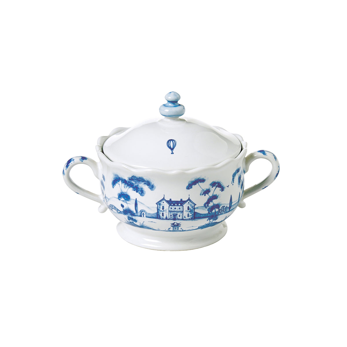 From our Country Estate Collection - A festive garden tent with whimsical kites flying and a view of the Main House sets the ideal scene for a tea party amid the verdure. Details charm to the tiniest detail - even the lid to this double-handled pot is sprinkled with illustrations of a hot-air balloon, a kite, and a butterfly.
