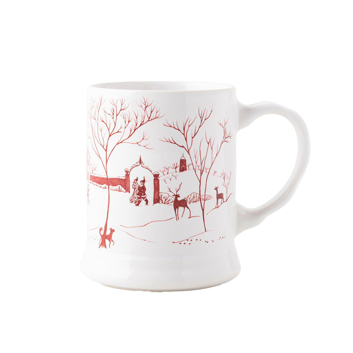 Our charming English Country Estate is snow covered for the holidays! In this latest chapter of the estate at Christmastime, Santa & Merry celebrate with all the North Pole inhabitants. This generously sized mug features illustrations of the elves ice skating on the pond outside the Boathouse, and Santa & Merry walking arm and arm through the estate.