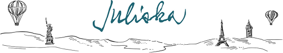 Decorative line art with balloons, a clock tower, and the word 'Juliska' in the center.