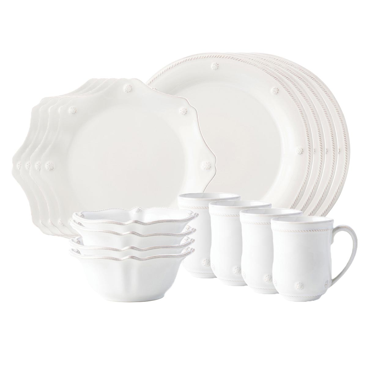 Rimmed with our simple thread and adorned with a sprinkling of berries, our 16 piece place setting in Whitewash contains 4 round dinner plates, 4 scalloped dessert/salad plate, 4 cereal bowls and 4 mugs.