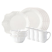 Rimmed with our simple thread and adorned with a sprinkling of berries, our 16 piece place setting in Whitewash contains 4 round dinner plates, 4 scalloped dessert/salad plate, 4 cereal bowls and 4 mugs.