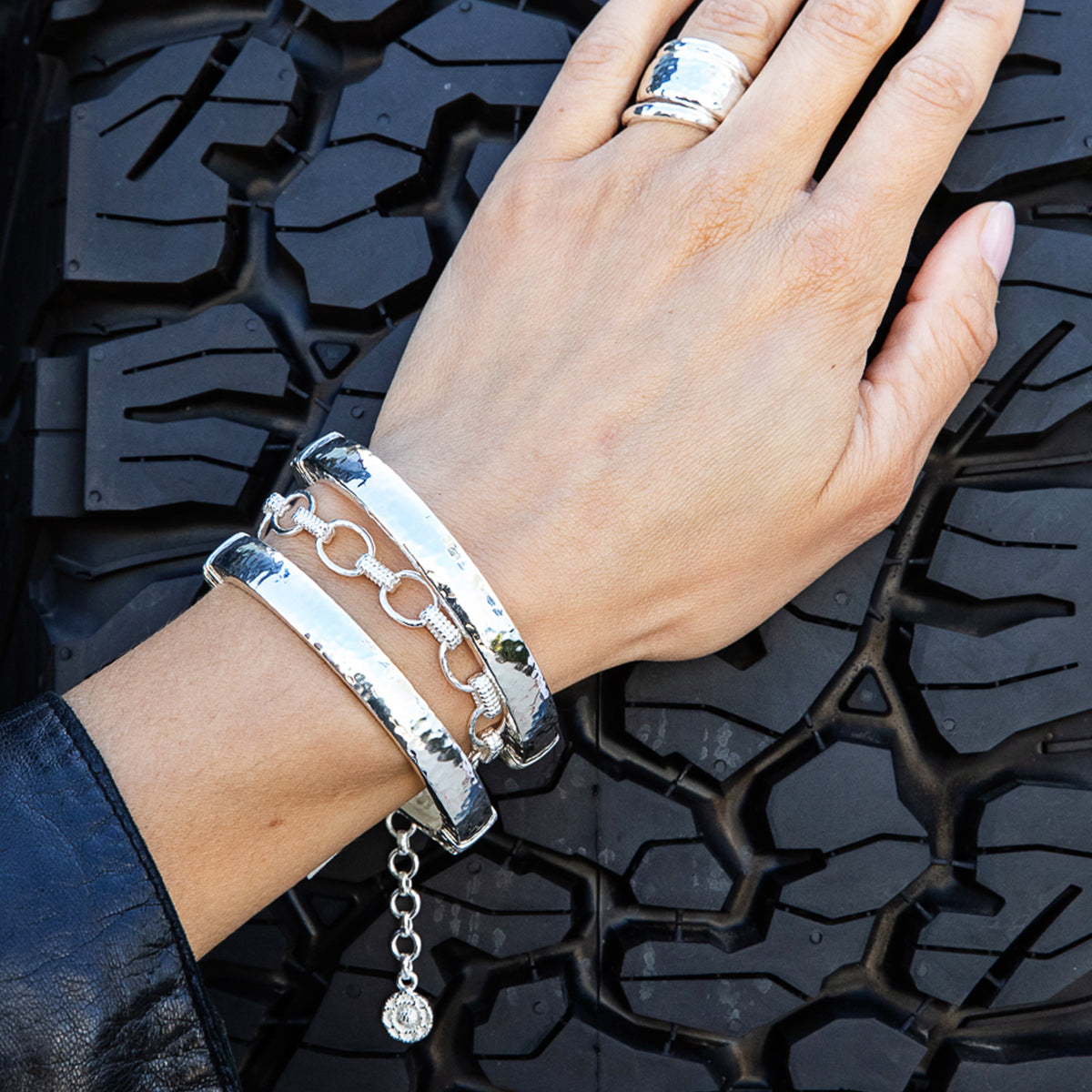 Cleopatra Small Link Bracelet, 7"+1.5" - Silver On Model