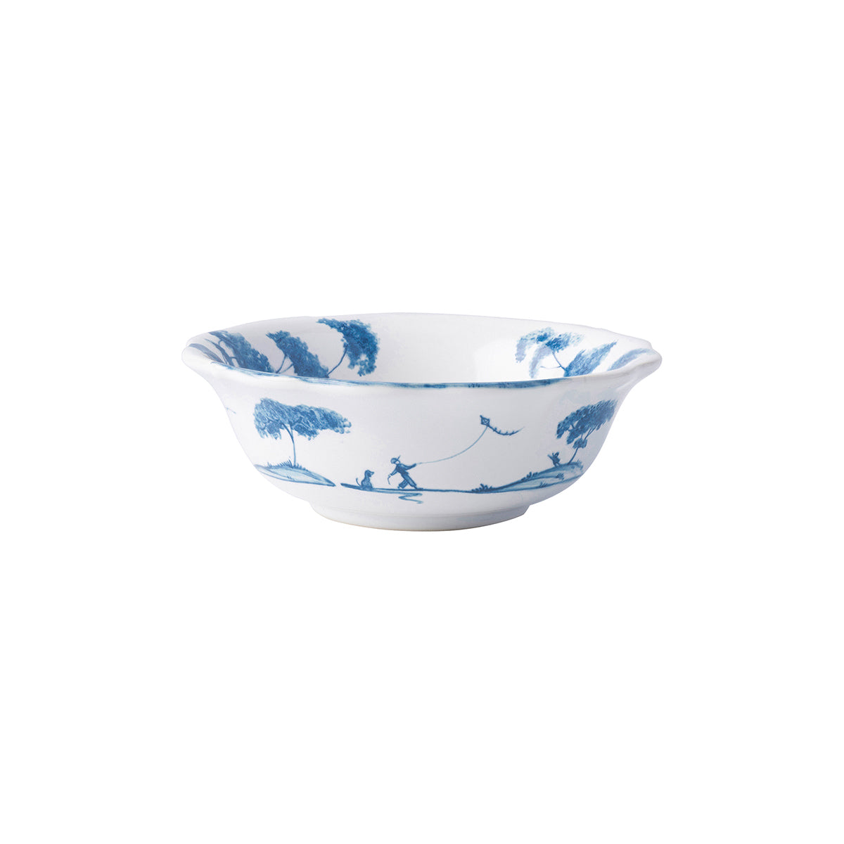 While berry bowl with a painted blue design of a boy and dog flying a kite.