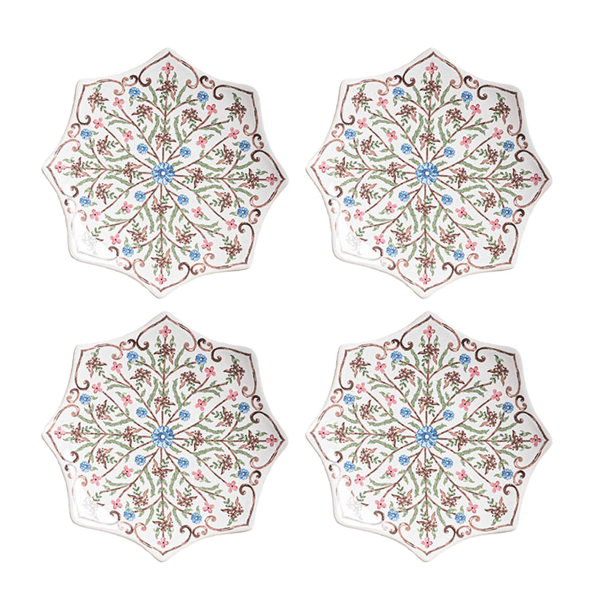 Add a sprinkling of romance to your cocktail hour with this set of four plates that were inspired by the mix of Moorish and Gothic shapes of Seville's historic architecture, featuring a unique starburst silhouette and floral motif to accent any place setting or tablescape.