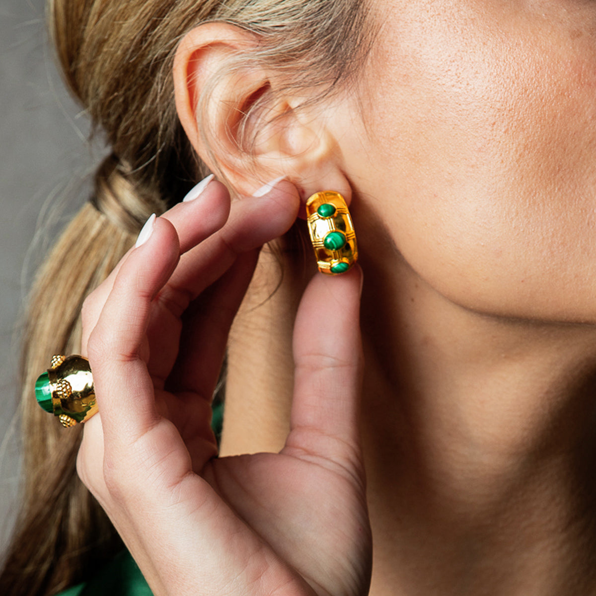 Cleopatra Bold Hoop Earrings - Malachite On Model
