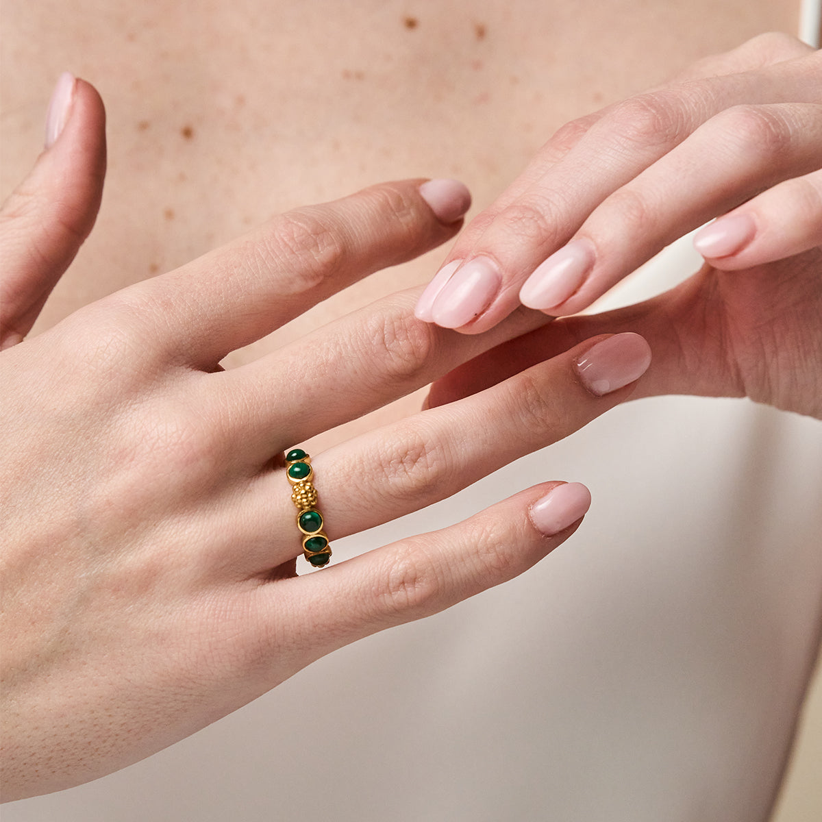 Berry Gem Ring - Malachite close up of ring on finger