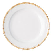 From our  Bamboo Collection- A clean modern shape is encircled with the timeless aesthetic of bamboo for a look that translates across continents. Use this chic plate as a serving platter for appetizers or as a cake plate.