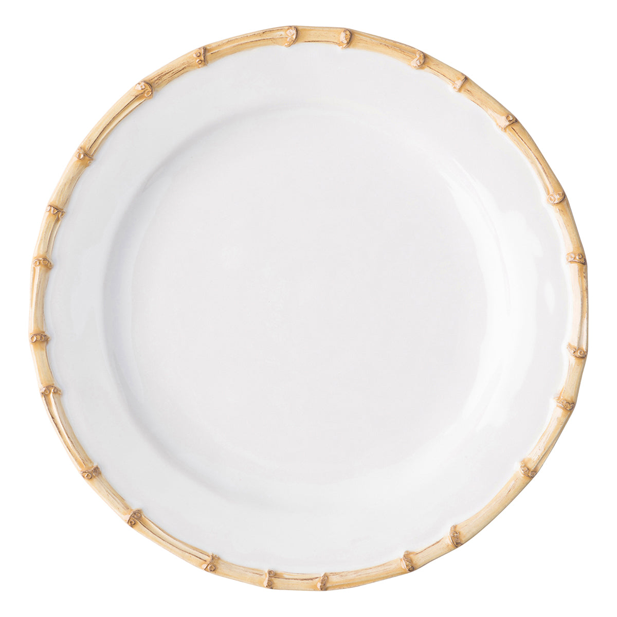 From our  Bamboo Collection- A clean modern shape is encircled with the timeless aesthetic of bamboo for a look that translates across continents. Use this chic plate as a serving platter for appetizers or as a cake plate.