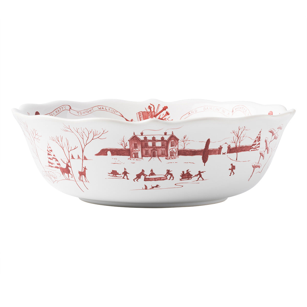 From our Country Estate Collection- Our charming English country estate is snow covered for the holidays! This serving bowl, ideal for serving sides or salads, depicts musical merry-making and dancing in the estate’s rear gardens.