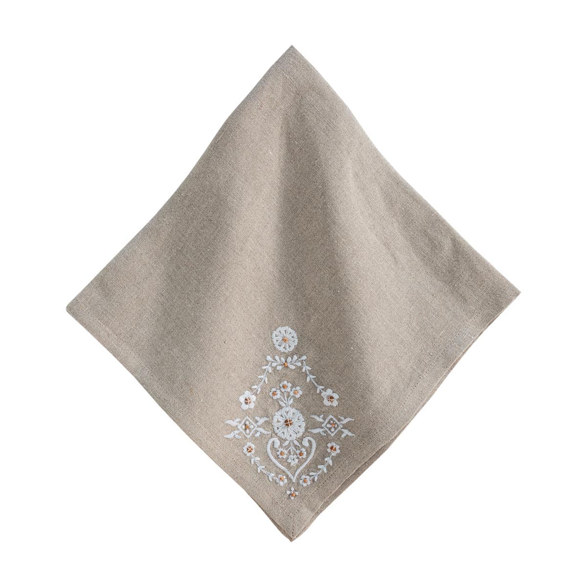 Evocative of inherited heirlooms, these linen napkins of woven cotton feature subtly stunning embroidery at the corner (perfect placement for styling within napkin rings) in an intricate floral motif that adds instant easy elegance to any table. The neutral flax canvass with cream details works beautifully year-round, from holiday tablescapes to weekend suppers.