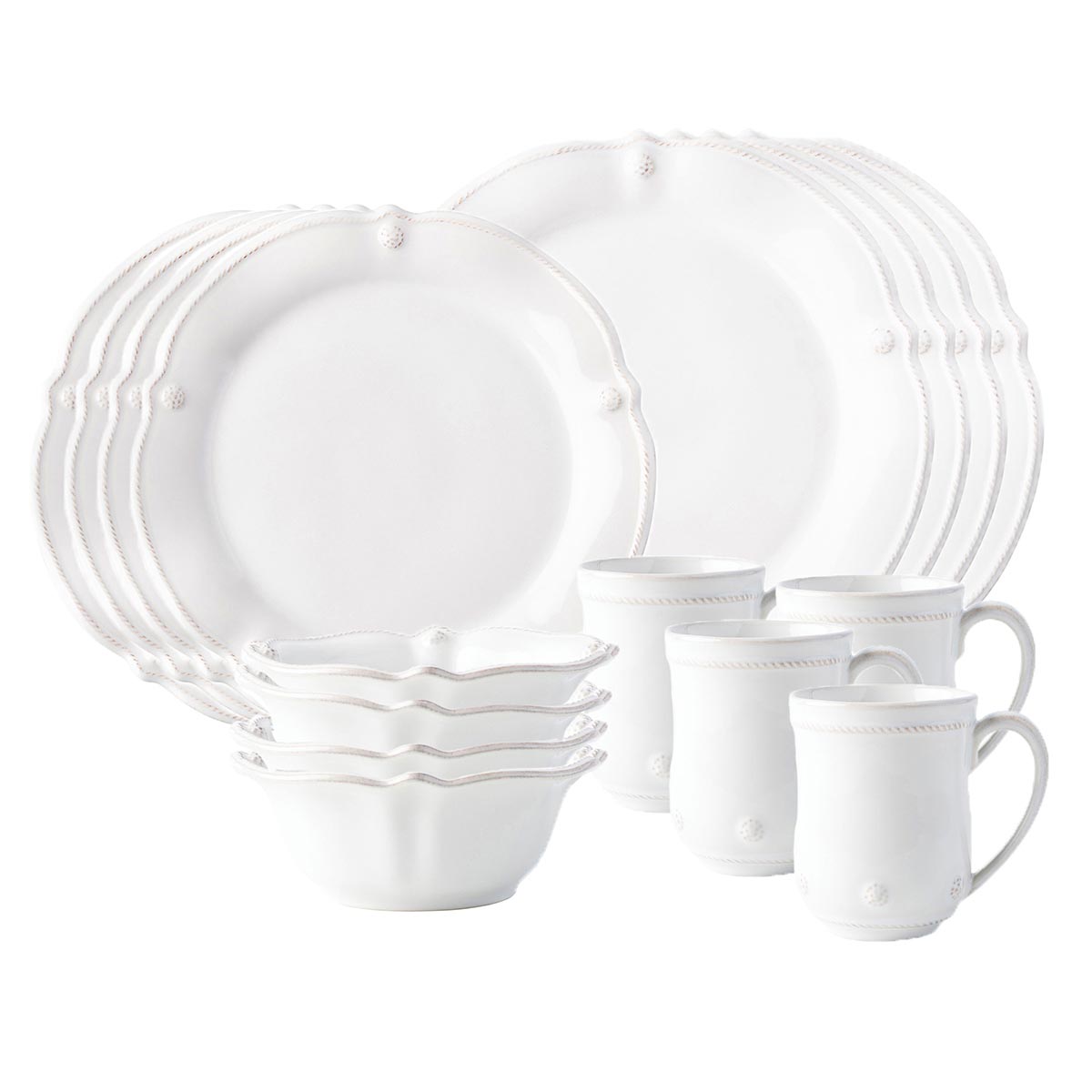 Adorned with a sprinkling of berries and fluted silhouette, this 16 piece setting includes: 4 dinner plates, 4 salad plates, 4 cereal bowls and 4 cofftea cups.
