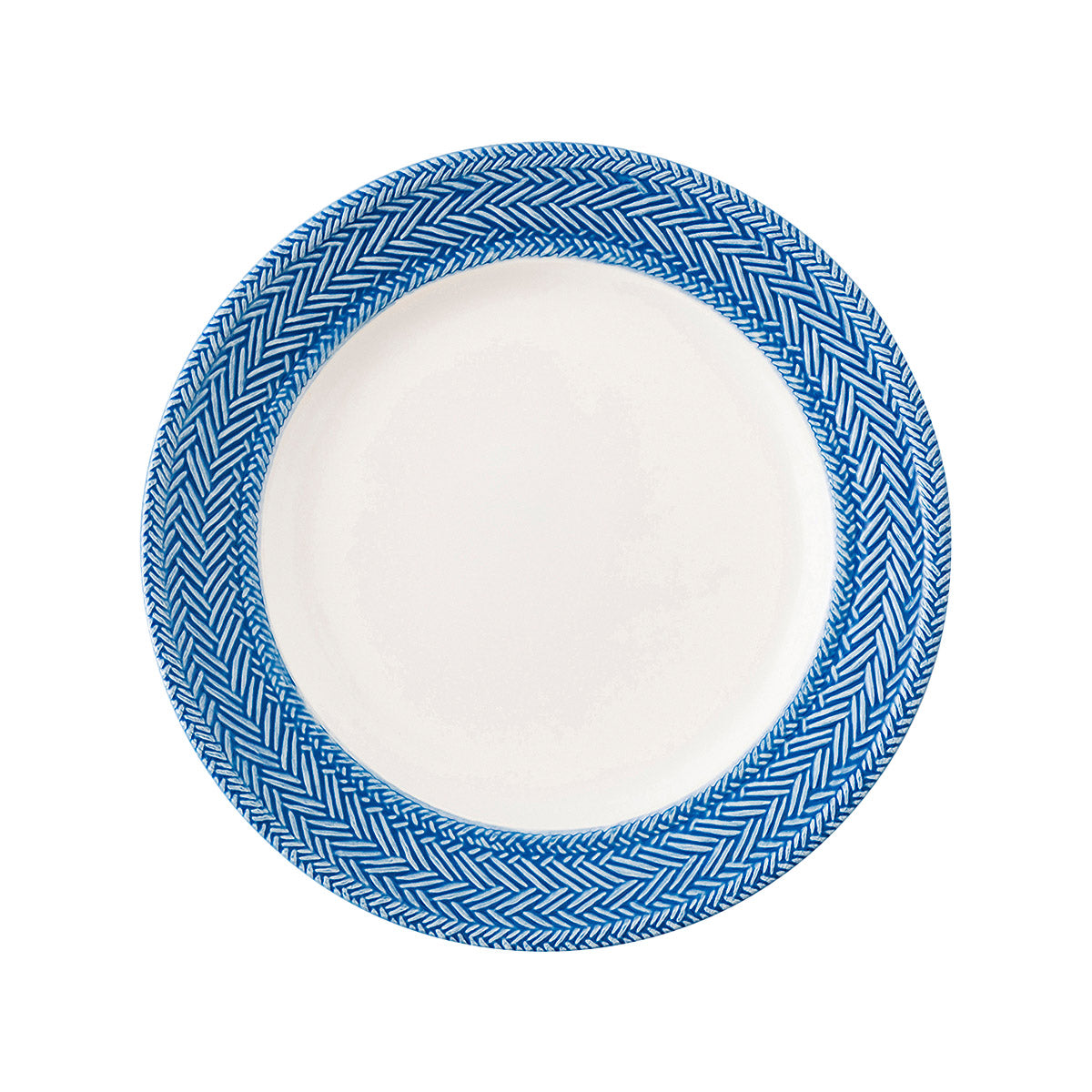From our Le Panier Collection- Inspired by the French basket weave often found in equestrian and nautical traditions, the border is beautifully hand-painted in a windswept delft blue.