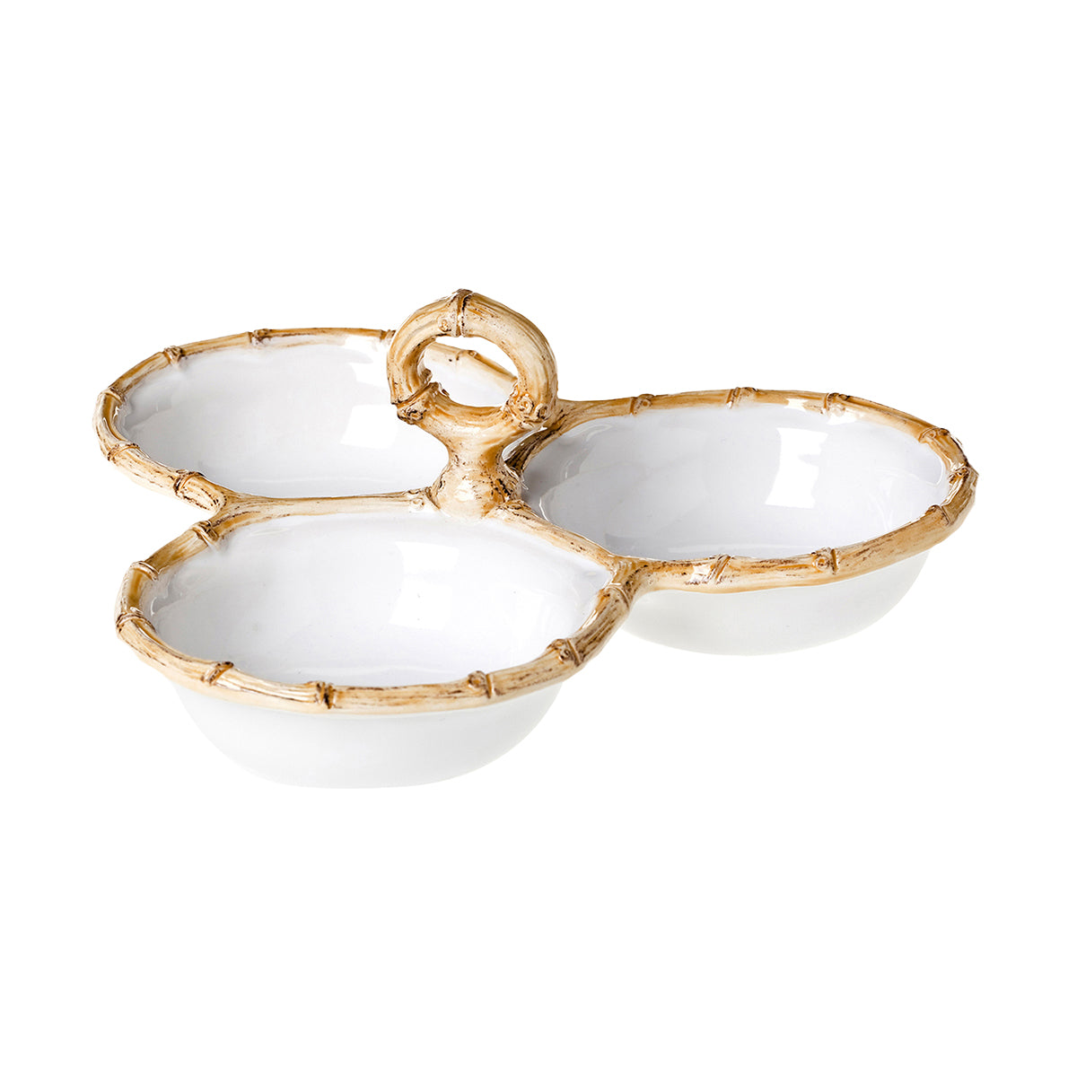 From our Bamboo Collection- Add a splash of bohemian beauty to cocktail hour. Our bamboo-rimmed trio of ceramic serving bowls are united by a ring-shaped handle that makes transporting nibbles a breeze - from cocktail mixes on the veranda to homemade spiced nuts.
