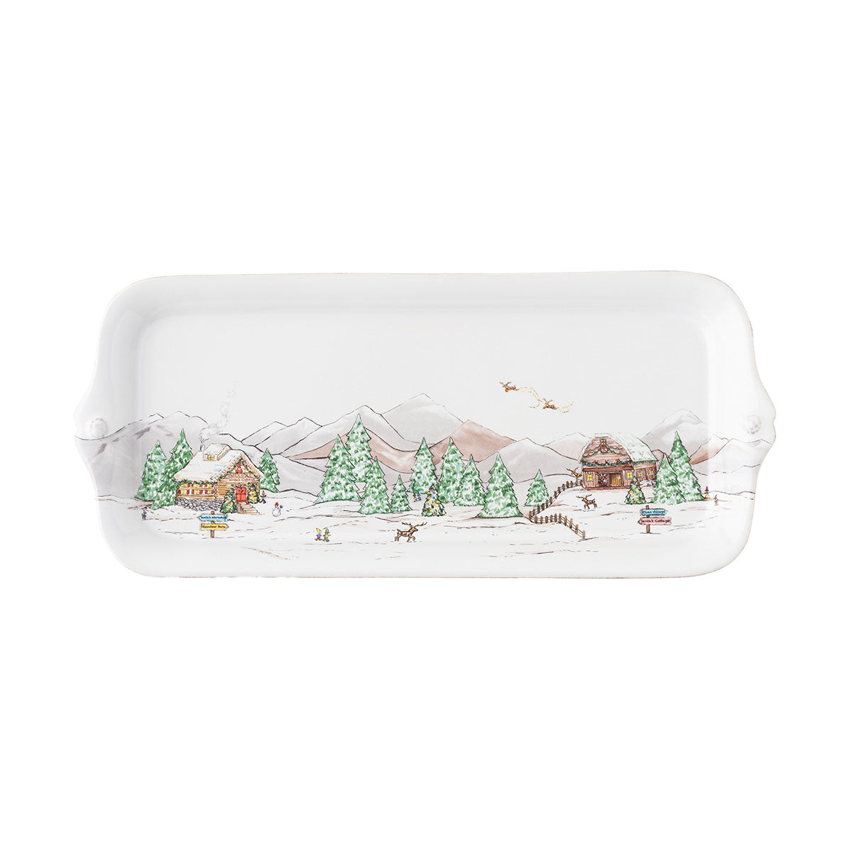 The mythical, folkloric world of the North Pole is hand illustrated atop iconic Berry & Thread shapes in this new holiday collection. Find the reindeer barn and Santa’s cottage depicted on this Hostess Tray, perfect for appetizers or sweets all throughout the holidays!