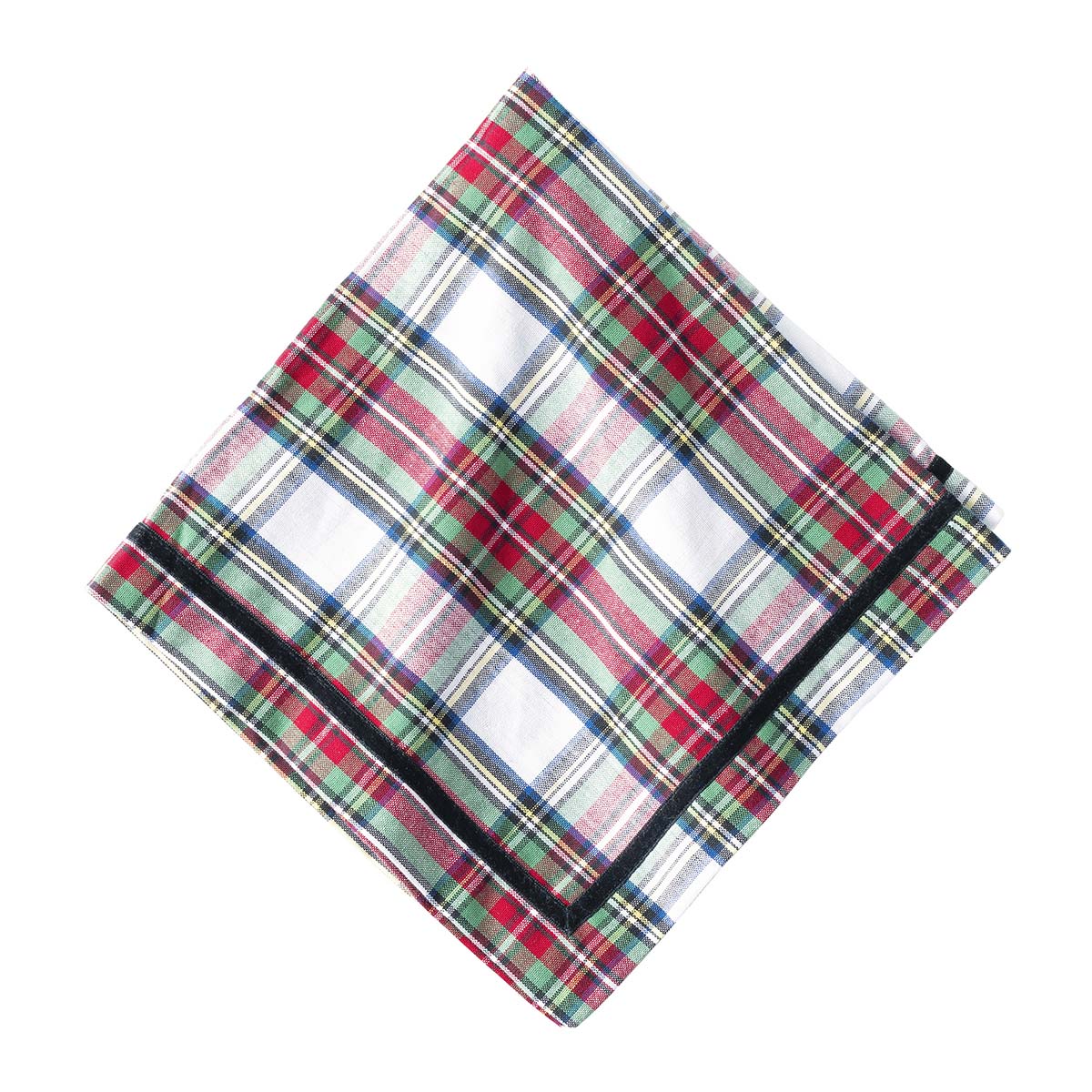 From the Stewart Tartan Collection. We adore the festive flair of tartan. This new woven napkins, trimmed with a black velvet ribbon, are a dashing companion to your tablesetting for any occasion, from a happy breakfast to a chic dinner. Pair with your favorite dinnerware to add a touch of dapper elegance.