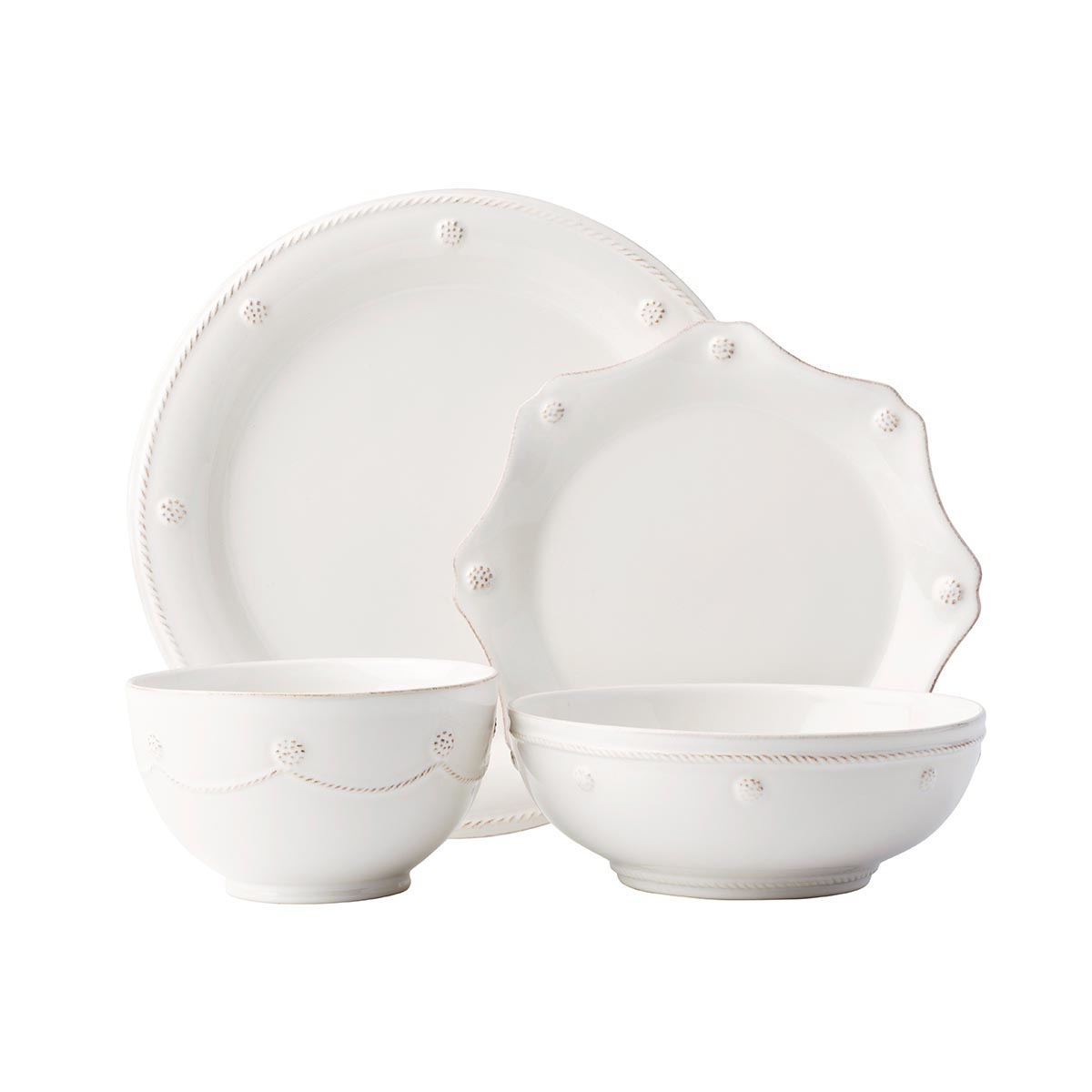 Rimmed with our simple thread and adorned with a sprinkling of berries, our new 4 piece place setting in Whitewash contains a round dinner plate, scalloped dessert/salad plate, cereal bowl and 7.75" coupe pasta bowl.