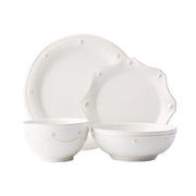 Rimmed with our simple thread and adorned with a sprinkling of berries, our new 4 piece place setting in Whitewash contains a round dinner plate, scalloped dessert/salad plate, cereal bowl and 7.75" coupe pasta bowl.