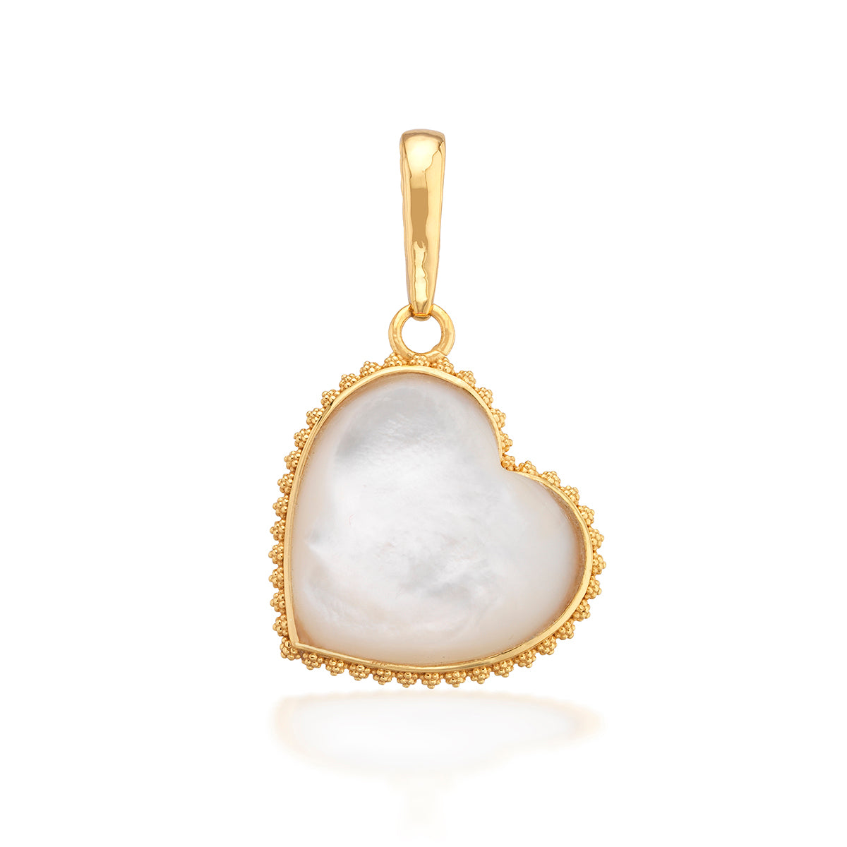 A love token to add to any bracelet or necklace chain, a natural, hand-carved and polished mother of pearl heart trimmed in our signature bright gold twisting thread to carry with you wherever you go. This oversized heart is a statement piece that makes a fabulous gift for your beloved—or yourself!