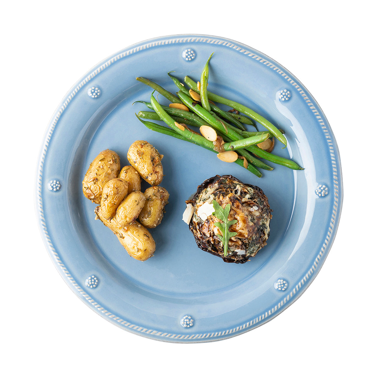 Berry & Thread dinner plate in chambray blue by Juliska, styled table setting view