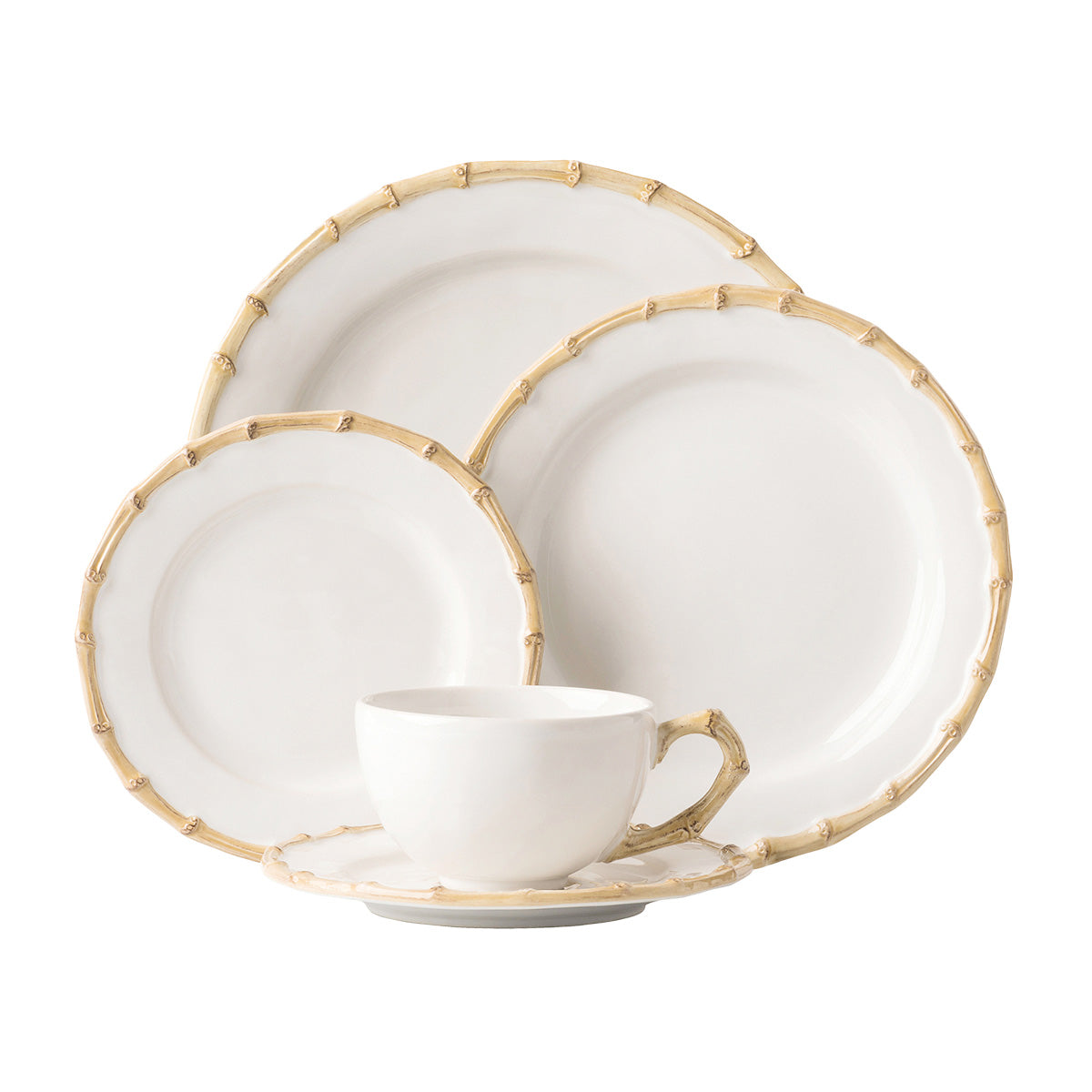 From our Bamboo Collection- Bringing a sense of naturalistic glamour to your dinner table, our Bamboo five piece setting contains a dinner plate, dessert/salad plate, side/cocktail plate, tea/coffee cup and saucer.