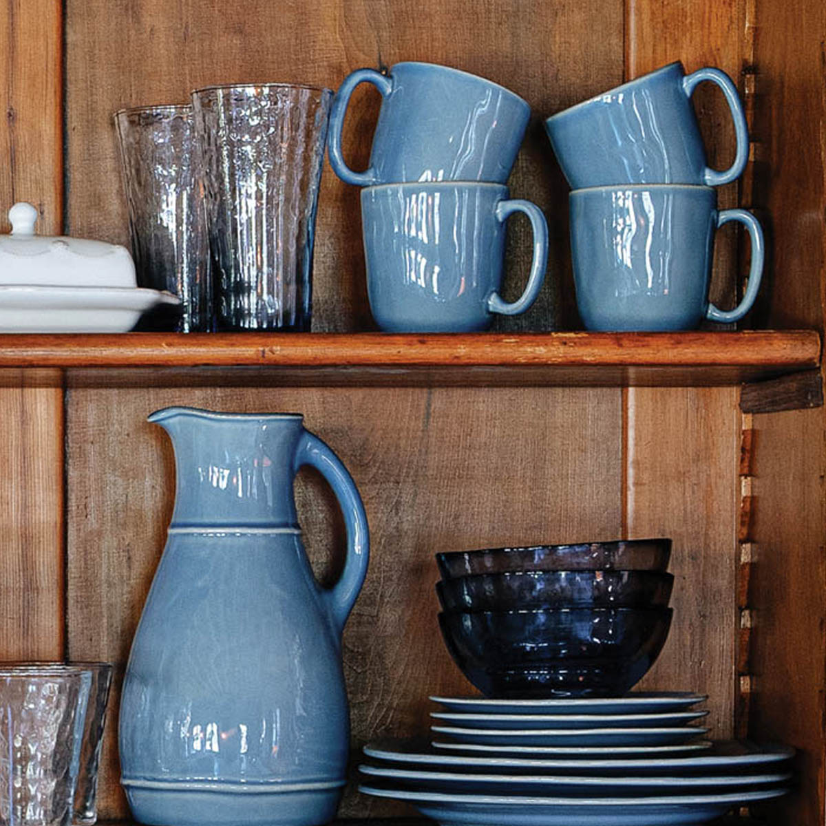 Puro mug in chambray blue by Juliska, styled table setting view