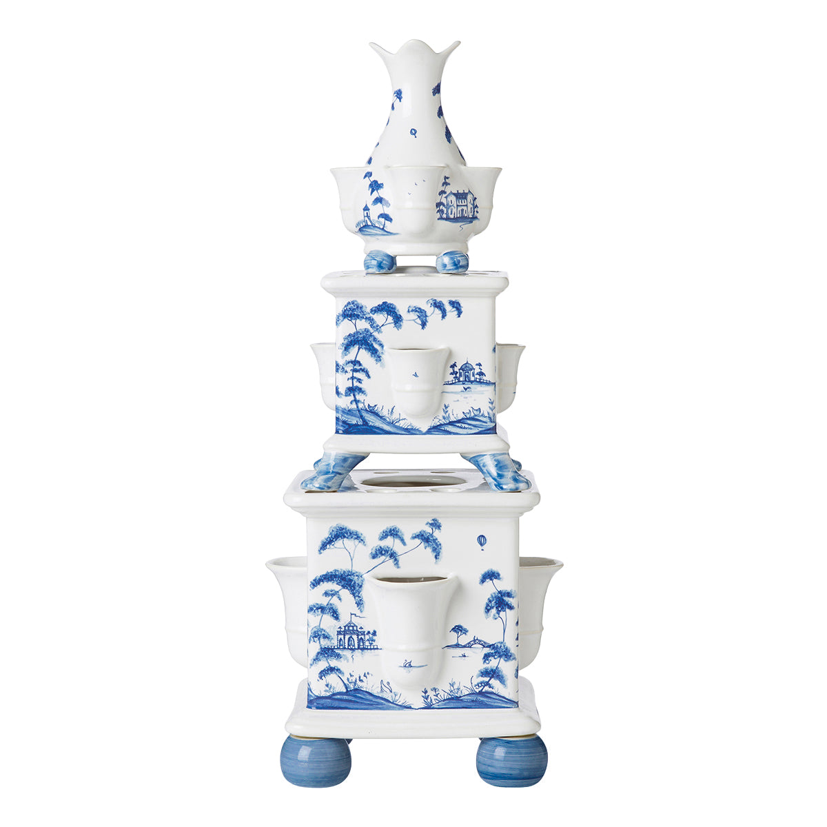 From our Country Estate Collection- This stunning tiered tower of three vases was inspired by the tulipiere's of the 17th century, when exotic imported flowers were status-symbols of elite households and given their own individual places in the spotlight. Display your our own beloved stems from the garden in this blossoming sculpture for a fresh dose of natural beauty.