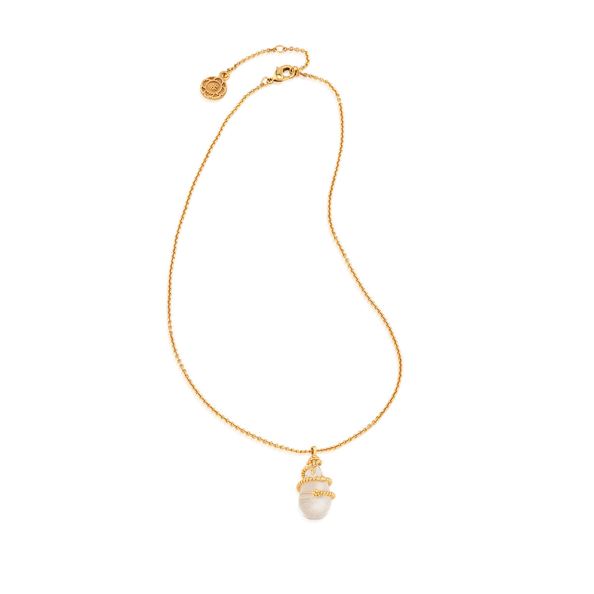 Lily Charm Necklace, 16"+2" - Clear Quartz, detail view
