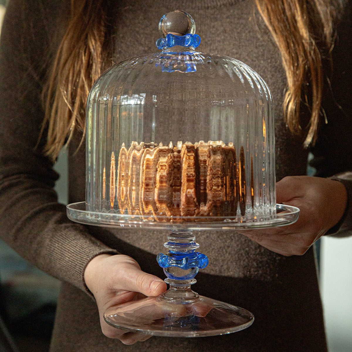 Nell Ruffle Petite Cake Dome & Stand Set - Chambray - scale reference view