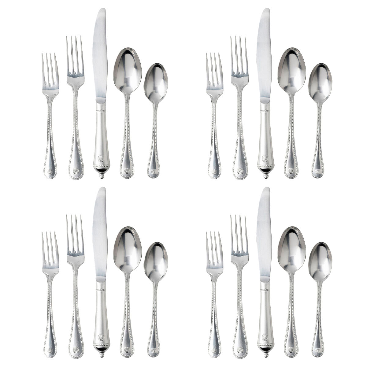 Meticulously designed and crafted in the spirit of old world French tradition, our Berry &amp; Thread stainless steel flatware is of optimum weight in-hand, exceptional for its decorative motif on both front and back and hand rubbed with care to a warm luster finish. This setting is the essence of rustic and refined style.
